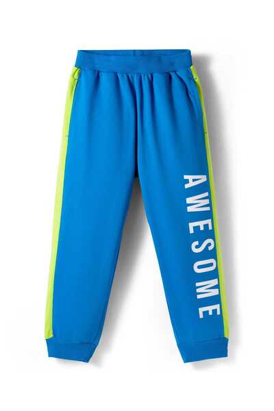 Pine kids Cotton Knit Full Length Track Pant With Text Print - Blue