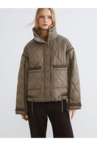 LC Waikiki Khaki Mock Neck Quilted Women's Coat