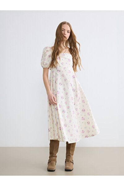 LC Waikiki Pink Floral Balloon Sleeve Waist-Slit Dress