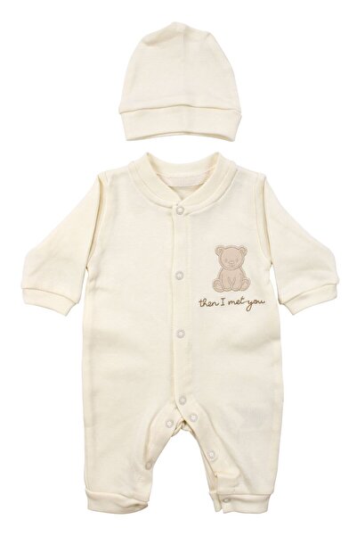 bebegen Unisex Ecru Bear Embroidered Beret Jumpsuit