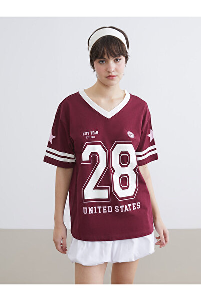 LC Waikiki Burgundy V-Neck Nyc Printed Oversized Women's T-Shirt