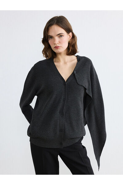 LC Waikiki Anthracite V-Neck Shawl Detailed Oversized Women's Knitwear Cardigan