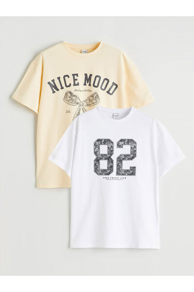 LC Waikiki مجموعة إلسيفا تي شيرت أبيض مطبوع للفتيات، عبوة من قطعتين