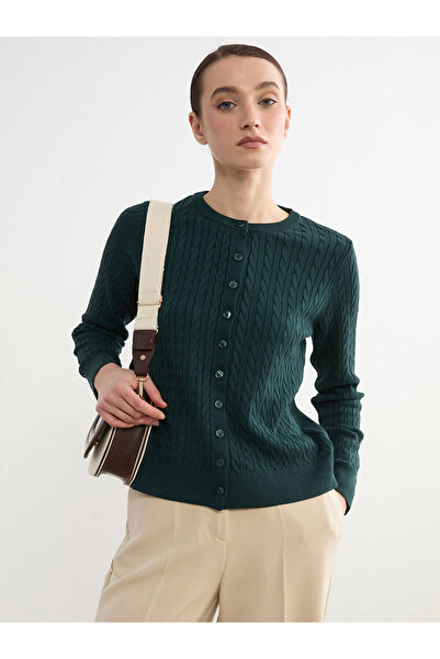 LC Waikiki Green Crew Neck Self Patterned Women's Knitwear Cardigan