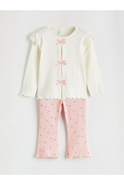 LC Waikiki Ecru Bowknot Baby Girl Blouse and Leggings Pants