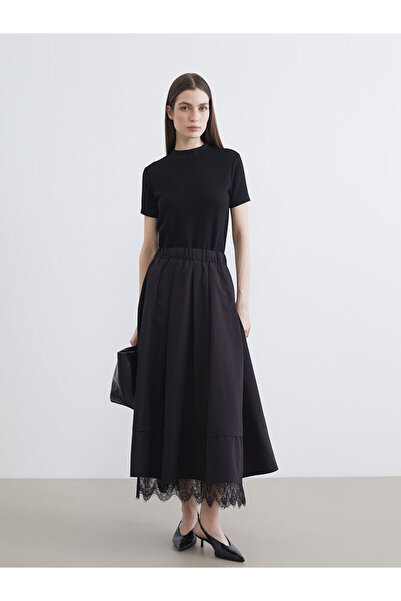 LC Waikiki Black elastic waist lace detailed a cut skirt