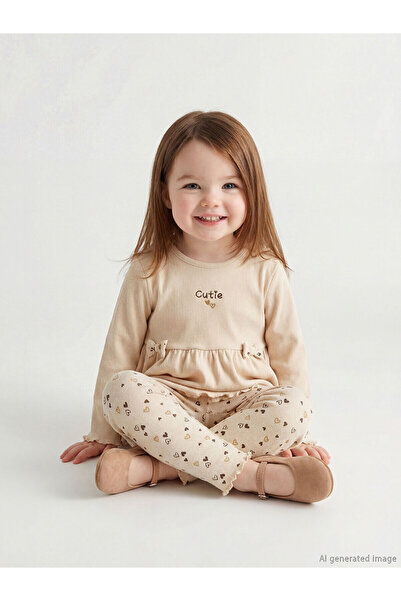 LC Waikiki Beige Printed Ruffle Detailed Baby Girl Blouse and Leggings