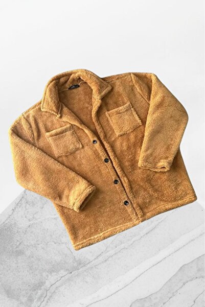 CAST COLLECTİON Unisex Camel Cinnamon Buttoned Plush Jacket