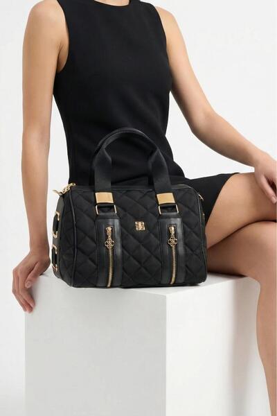 Mini Angel Black Parachute Patterned Bag Black Gold Detailed Shoulder Bag Stylish Shoulder Bag Suitable for Daily Use