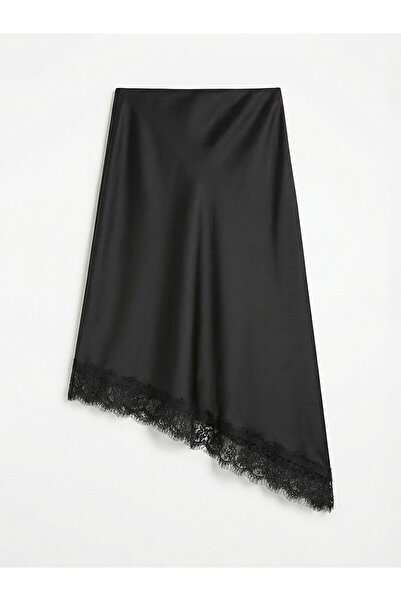 LC Waikiki Black Lace Detailed Asymmetrical Cut Satin Skirt
