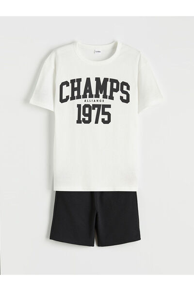 LC Waikiki Ecru Boy's Printed T-Shirt and Shorts