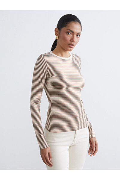 LC Waikiki Beige Crew Neck Striped Women's Bodysuit