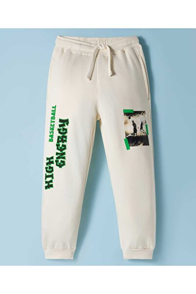 Pine kids Fleece Lounge Pant with Basketball Theme Print - Ivory