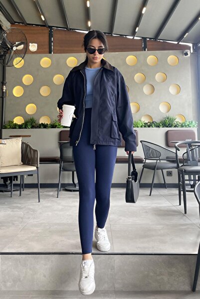 Mzr Collection Kadife Yaka Fermuarlı Yağmurluk - Lacivert LACİVERT