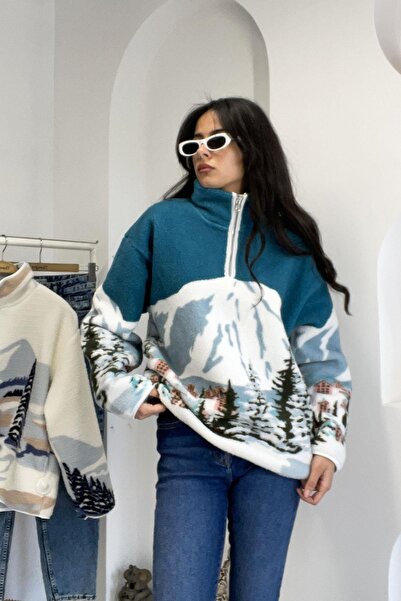 Mzr Collection Kenar Britli Half Zipper Plush Sweatshirt - Green Green