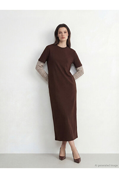 LC Waikiki Brown Crew Neck Striped Sweat Dress