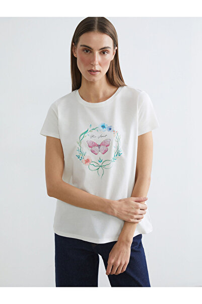 LC Waikiki Ecru Crew Neck Printed Women's T-Shirt