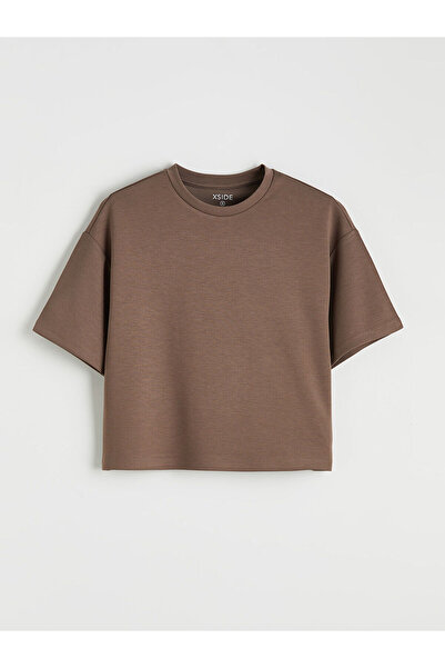 LC Waikiki Brown bicycle collar soft touch Oversized women's t-shirt