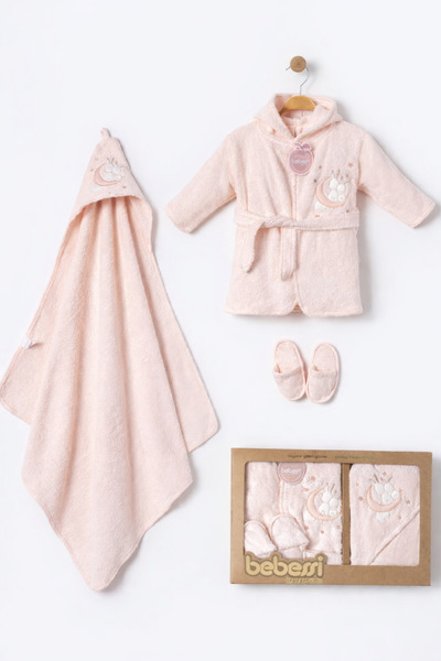 Bebessi بغطاء رأس طقم روب حمام مطرز للأطفال مكون من 3 قطع (روب حمام + منشفة +...