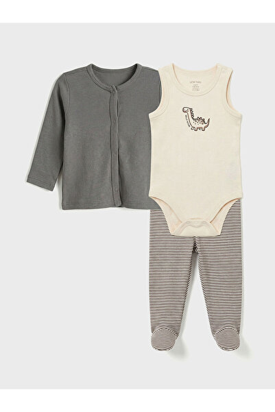 LC Waikiki Gray Baby Boy Cardigan Bodysuit and Pants Set with Booties