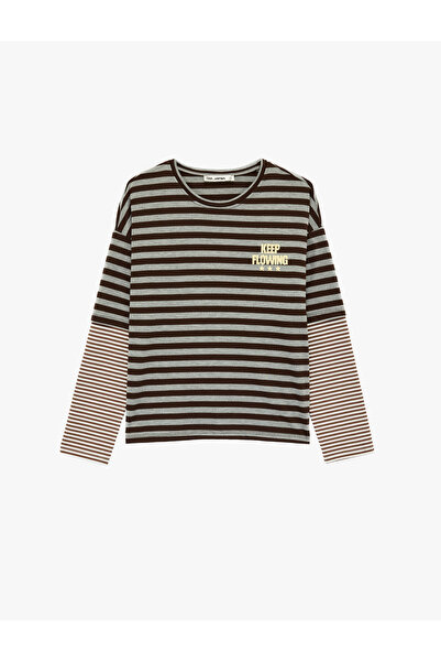 Koton Viscose Blended Long Sleeve Crew Neck T-Shirt with Embroidery Detail