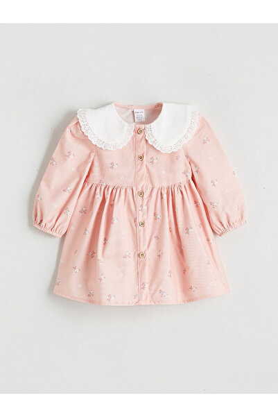 LC Waikiki Nevaa Collection Pembe Bebe Yaka Çiçekli Kadife Kız Bebek Elbise