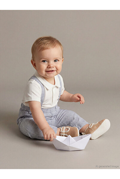 LC Waikiki Ecru polo collar baby boy t-shirt and suspender pants 2-piece set