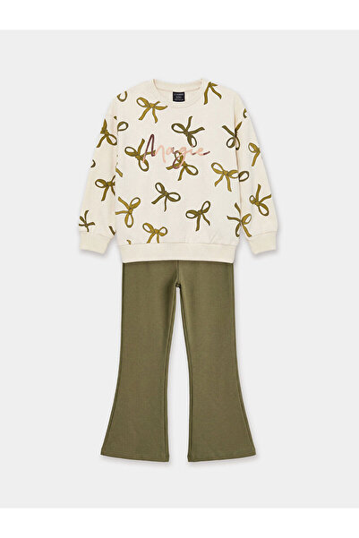 LC Waikiki Ecru Bow Patterned Girls' Sweatshirt and Leggings Pants