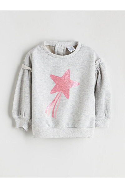 LC Waikiki Alita City Lcw Baby Gray Oval Collar Baby Girl Sweatshirt with a D...
