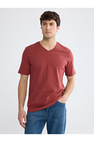 LC Waikiki Red V-Neck Combed Cotton Men's T-Shirt