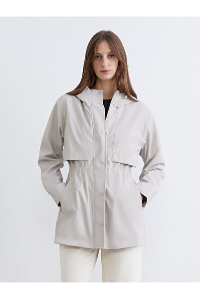 LC Waikiki Beige Hooded Women's Leather-Look Raincoat