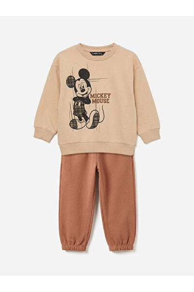 LC Waikiki Beige Mickey Mouse Printed Baby Boy Sweatshirt and Sweatpants