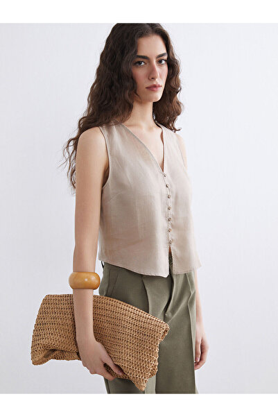 LC Waikiki Beige V-Neck Linen Blouse