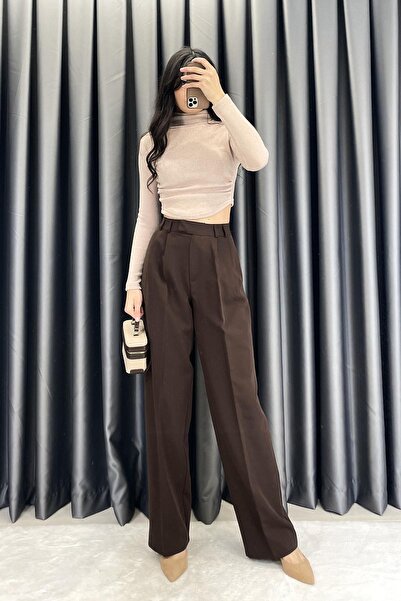 Mzr Collection بنطلون أطلس بالازو من القماش - بني غامق