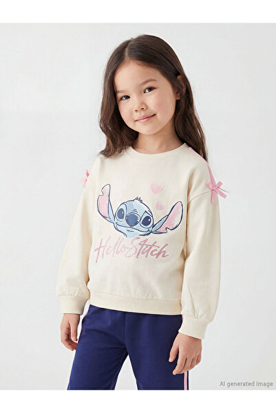 LC Waikiki Ecru Lilo & Stitch Printed Girls' Sweatshirt and Sweatpants