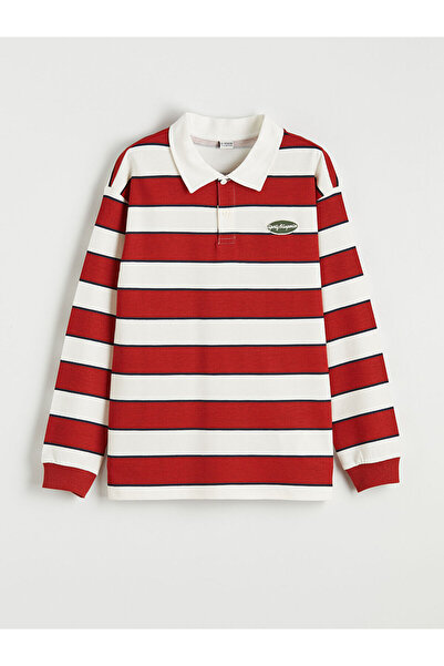 LC Waikiki Orange Boys' Striped Polo Collar Long Sleeve T-Shirt