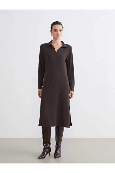 LC Waikiki Brown shirt collar striped a-line dress