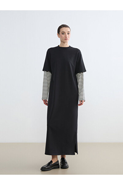 LC Waikiki Black crew neck striped sweat dress