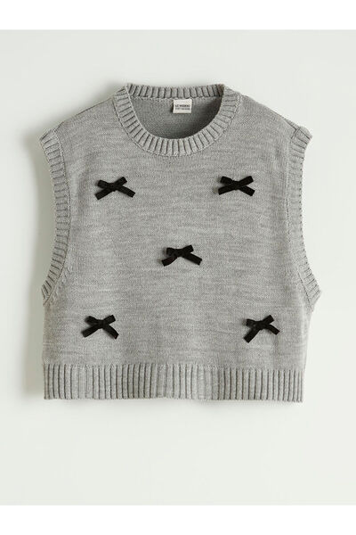 LC Waikiki سترة تريكو للفتيات بتفاصيل فيونكة باللون الرمادي