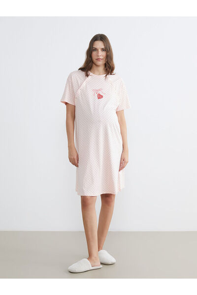 LC Waikiki Pink Crew Neck Polka Dot Maternity Nightgown