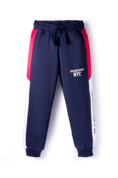 Pine kids بنطال طويل من القطن المحبوك مع طباعة نصية - أزرق داكن