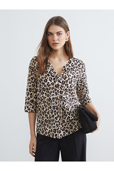 LC Waikiki Beige Leopard Print Blouse with Ruffled Collar