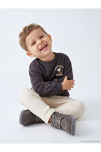 LC Waikiki Anthracite Printed Baby Boy Sweatshirt and Sweatpants