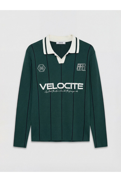 LC Waikiki Green Polo Collar Striped Embroidered Men's Knit Sweater