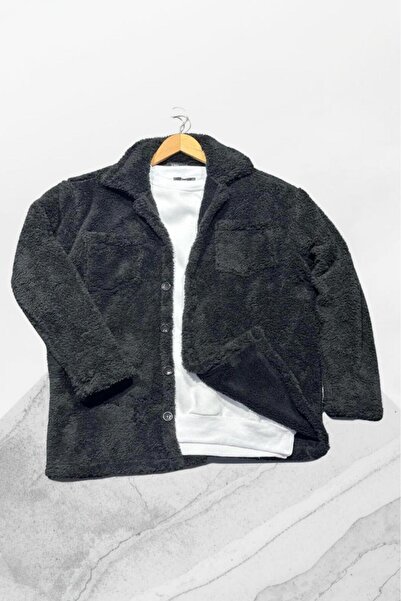 CAST COLLECTİON Unisex Black Buttoned Plush Jacket