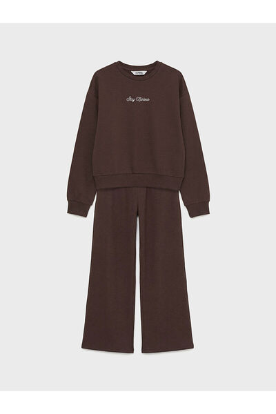 LC Waikiki Brown Printed Girls' Sweatshirt and Sweatpants