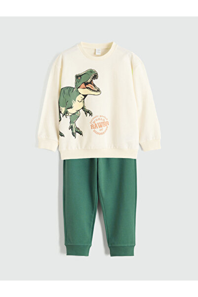 LC Waikiki Beige dinosaur Printed boys' sweatshirt and sweatpants set