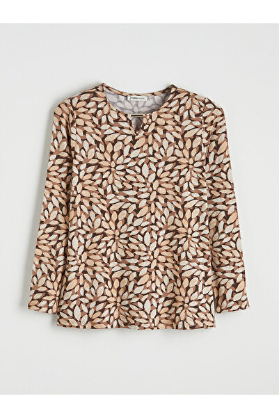 LC Waikiki Brown Crew Neck Patterned Blouse