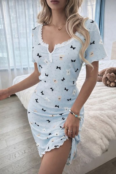 Jermo Women's Printed Combed Cotton Nightgown with Lace Details
