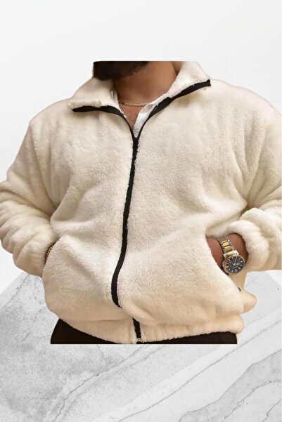 CAST COLLECTİON Men's White Zippered Plush Jacket
